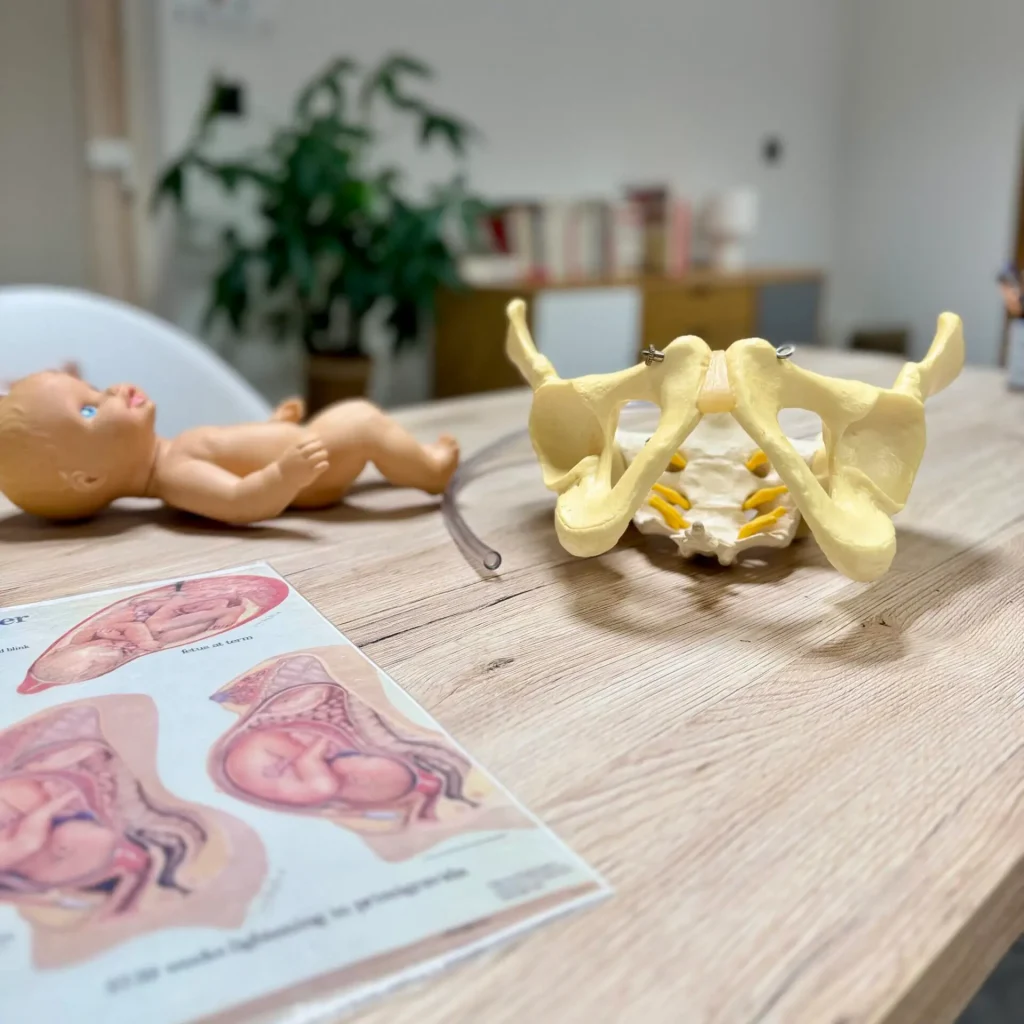 Photo montrant les différentes postures du foetus dans le ventre, avec une poupée et bassin posés sur une table