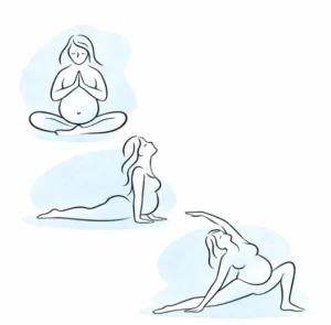 Illustrations de 3 femmes enceintes pratiquant différentes postures de yoga